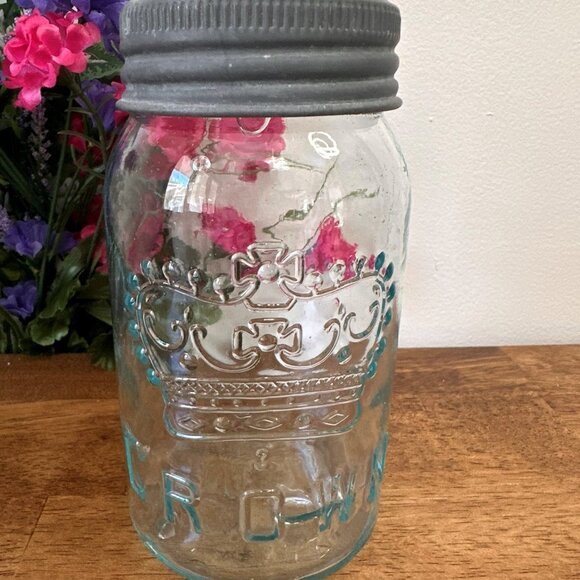 Vintage Aqua Blue Crown Mason Jar Embossed Canada Logo Antique Canning Jar - Picture 1 of 6
